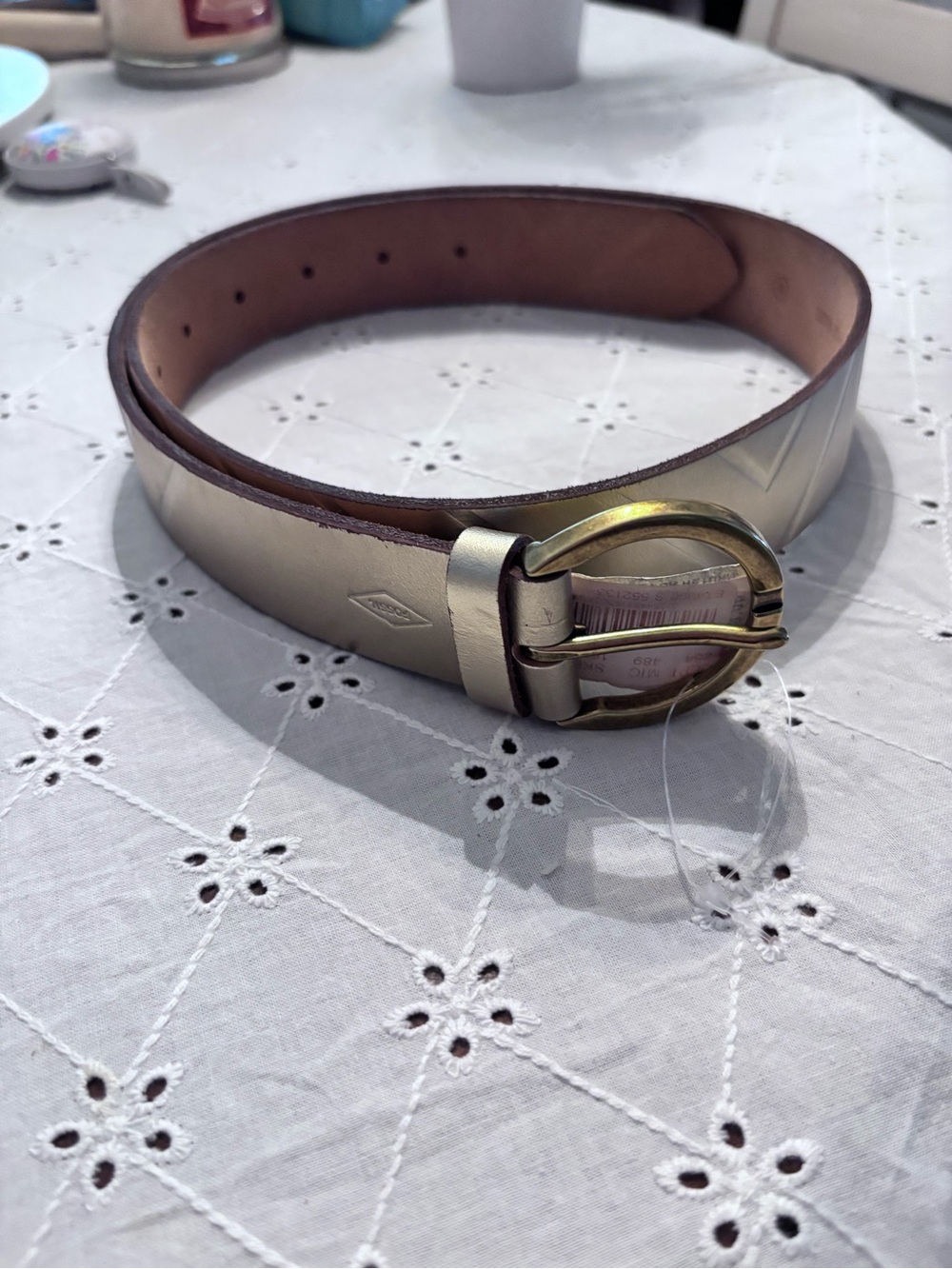 Fossil Cream Leather Belt with Brass Round Buckle